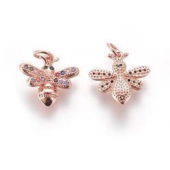 Розовое Золото Латунные микро проложить кубического циркония прелести, Пчелы, красочный, розовое золото , 13.5x14~14.5x3.5 мм, отверстие : 3 мм