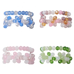 Mixed Color 2Pcs 2 Style Glass Braided Beaded Flower Stretch Rings Set for Women, Mixed Color, Inner Diameter: 17.5~18mm, 1Pc/style