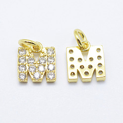 Real 18K Gold Plated Brass Micro Pave Grade AAA Cubic Zirconia Charms, Letter M, Cadmium Free & Nickel Free & Lead Free, Real 18K Gold Plated, 8x7x1.5mm, Hole: 2mm