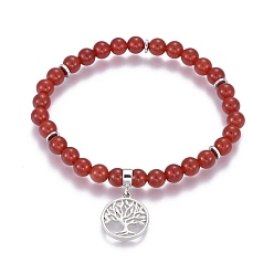 Carnelian Natural Carnelian Charm Bracelets, with Brass Findings, Flat Round with Tree of Life, 2-1/8 inch(5.5cm)~2-1/4 inch(5.6cm), beads: 6~6.5mm, Pendant: 18x15~15.5x2mm