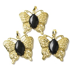 Обсидиан Природные подвески обсидиана, латунные подвески-бабочки, золотые, стойки покрытие, без кадмия и без свинца, 41.5x45x8 мм, отверстие : 8x4.5 мм