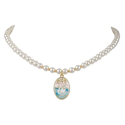 Swan White Glass Pearl Beaded Necklaces, Alloy Enamel Pendants Necklaces  for Women, Flower, Golden, Swan, 15.63 inch(39.7cm)