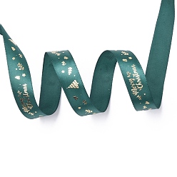 Teal 20 Yards Christmas Printed Polyester Satin Ribbon, for Wedding, Gift, Party Decoration, Gold Stamping Christmas Tree Pattern, Teal, 5/8 inch(16mm), about 20.00 Yards(18.29m)/Roll