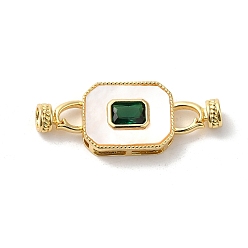 Golden Rack Plating Brass Pave Green Cubic Zirconia Fold Over Clasps, with Shell, Cadmium Free & Lead Free, Long-Lasting Plated, Rectangle, Golden, Rectangle: 18x14x5.5mm, Clasp: 12x7x6mm, Inner Diameter: 4mm