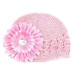 Pink Handmade Crochet Baby Beanie Costume Photography Props, with Cloth Flowers, Pink, 180mm