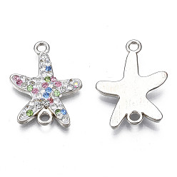 Colorful Rack Plating Alloy Links Connectors, with Polymer Clay Rhinestone, Cadmium Free & Lead Free, Platinum Plated, Starfish, Colorful, 22x16.5x2.5mm, Hole: 1.8mm