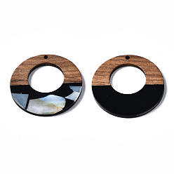 Black Opaque Resin & Walnut Wood Pendants, with Shell Chips, Two Tone, Donut, Black, 38x3mm, Hole: 2mm