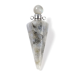 Лабрадорита Натуральный лабрадорит, граненый конус, открывающийся флакон для духов, большие подвески, с 304 фурнитурой из нержавеющей стали, цвет нержавеющей стали, 49.5~51.5x18.5x18.5 мм, отверстие : 1.8 мм