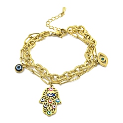 Golden Ion Plating(IP) 304 Stainless Steel Cable & Paperclip Chains 2 Layer Multi-strand Bracelet, with Cubic Zirconia Evil Eye and Enamel Hamsa Hand Charms, Golden, 6-1/4 inch(16cm)