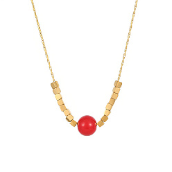 Red Stainless Steel Pendant Necklace for Women, Round & Cube, Golden, Red, 15-3/4 inch(40cm)