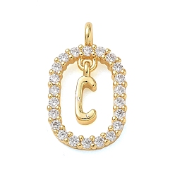 Настоящее золото 18K Латунные микропаве прозрачные подвески с фианитом, овальный с подвесками в виде буквы С, стойки покрытие, долговечный, без кадмия и без свинца, реальный 18 k позолоченный, 18.5x11x3.8 мм, отверстие : 1.8 мм