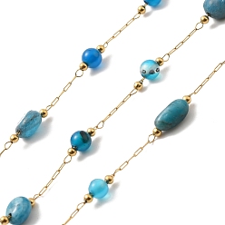 Apatite Ion Plating(IP) Real 18K Gold Plated 316 Surgical Stainless Steel Link Chains, with Natural Apatite & Natural Agate Beads, Soldered, with Spool, 12~17x4~6x4~6mm, Bead: 4~8.5x4~6x4~6mm