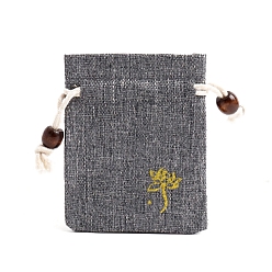Gray Flower Print Linen Drawstring Gift Bags for Packaging Sachets, Rings, Earrings, Rectangle, Gray, 10x8cm