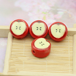 Linen Christmas Themed Porcelain Beads, Flat Round with Apple, Linen, 16x9mm, Hole: 2.8mm