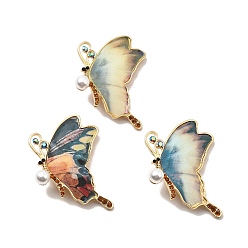 Mixed Color Alloy Rhinestone Brooches, Enamel Style, ABS Imitaiton Pearl Beads Lapel Pin, Cadmium Free & Lead Free, Butterfly, Mixed Color, 56.5x39x2mm, Pin: 0.6mm