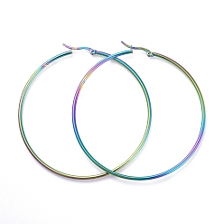 Rainbow Color 304 Stainless Steel Big Hoop Earrings, Hypoallergenic Earrings, Ring Shape, Rainbow Color, 69~70x2mm, 12 Gauge, Pin: 0.7x1mm