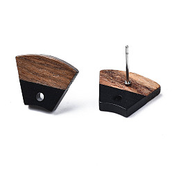 Black Opaque Resin & Walnut Wood Stud Earring Findings, with 304 Stainless Steel Pin and Hole, Two Tone, Trapezoid, Black, 12.5x15mm, Hole: 1.8mm, Pin: 0.7mm