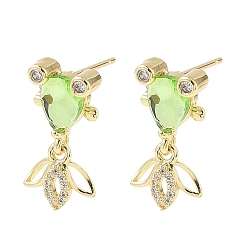 Бледно-Зеленый Серьги-гвоздики в форме рыбок из латуни с микропаве из кубических цирконий, со стеклом, стойки покрытие, золотые, бледно-зеленый, 20.5x10.5 мм