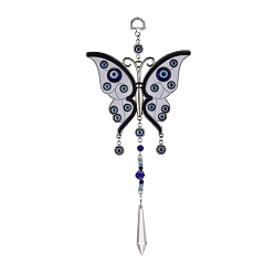Antique Silver Alloy Butterfly Turkish Blue Evil Eye Pendant Decoration, with Crystal Prisms, for Home Wall Hanging Amulet Ornament, Antique Silver, 290mm, Hole: 10mm