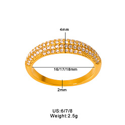 Настоящее золото 18K 304 Кольца из нержавеющей стали с микропаве из прозрачного кубического циркония, круглые, широкая полоса кольца, реальный 18 k позолоченный, 17 мм