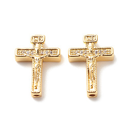 Golden Brass Micro Pave Clear Cubic Zirconia Bead Frames, Cadmium Free & Lead Free, Cross with Jesus Pattern, Golden, 19x13x4mm, Hole: 1.2mm
