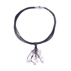 Black Waxed Cord Lariat Necklaces, with Pearl and Brass Magnetic Clasps, Black, 19.3 inch~19.7 inch(49~50cm)