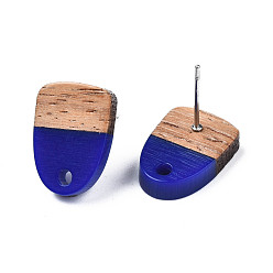 Темно-Синий Серьги-гвоздики из непрозрачной смолы и орехового дерева, с 304 штифтом и отверстием из нержавеющей стали, два тона, половину овальной, темно-синий, 15x11 мм, отверстие : 1.8 мм, штифты : 0.7 мм