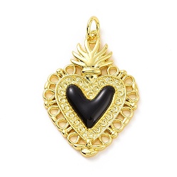 Black Rack Plating Brass Enamel Pendants, with Jump Ring, Long-Lasting Plated, Real 18K Gold Plated, Cadmium Free & Lead Free, Sacred Heart Charm, Black, 28x20x3mm, Jump Ring: 5x0.8mm, Inner Diameter: 3mm
