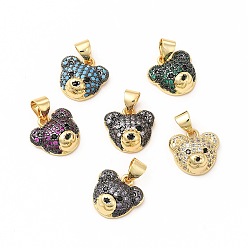 Mixed Color Rack Plating Brass Micro Pave Cubic Zirconia Charms, Cadmium Free & Lead Free, Real 18K Gold Plated, Long-Lasting Plated, Bear Head Charm, Mixed Color, 11.5x12x5mm, Hole: 3.5x4.5mm