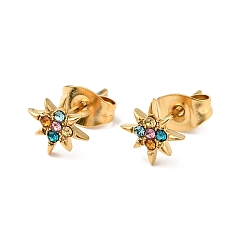 Colorful Rhinestone Flower Stud Earrings with 316 Surgical Stainless Steel Pins, Gold Plated 304 Stainless Steel Jewelry for Women, Colorful, 8x8mm, Pin: 0.8mm