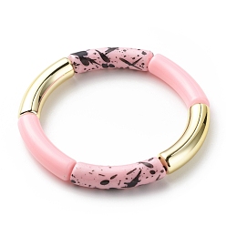 Pink Acrylic Curved Tube Beaded Stretch Bracelet for Women, Pink, Inner Diameter: 2-1/8 inch(5.3cm)