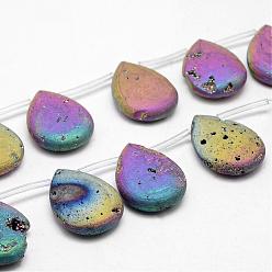 Multi-color Plated Electroplated Natural Quartz Crystal Beads Strands, Top Drilled Beads, Druzy Geode Crystals, Teardrop, Multi-color Plated, 29~30x22x8mm, Hole: 1.5mm, about 6pcs/strand, 6.2 inch