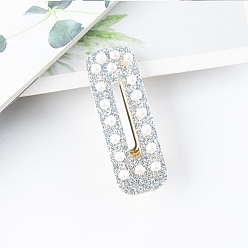 Silver Rectangle Glitter Acrylic No Bend Alligator Hair Clips for Women, No Crease Curl Pins, with Rhinestone & Plastic Imitation Pearls, Silver, 61x19mm