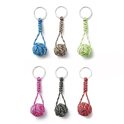 Mixed Color Braided Ball Rope Polyester Keychains, with 304 Stainless Steel Findings, Round, Mixed Color, 9.5cm