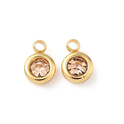 Легкий Лосось 304 прелести нержавеющей стали, со стразами, плоско-круглые, полирование, реальный 18 k позолоченный, светлый померанцевый, 9x6.5x3.5 мм, отверстие : 2 мм