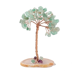 Green Aventurine Natural Green Aventurine Chips and Natural Agate with Mixed Stone Pedestal Display Decorations, with Rose Gold Plated Brass Wires, Lucky Tree, 31~42x60~68x100~104mm