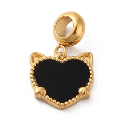 Golden Ion Plating(IP) 304 Stainless Steel European Dangle Charms, Large Hole Pendants with Black Heart Shaped Acrylic, Cat Head, Golden, 22mm, Pendant: 13.5x14x3mm, Hole: 4.5mm