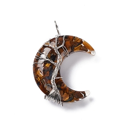 Tiger Eye Natural Tiger Eye Chips & Transparent Resin Big Pendants, Moon Charms, with Platinum Tone Brass Wire Wrapped, Cadmium Free & Lead Free, 52~53x36~37x14~16mm, Hole: 8mm