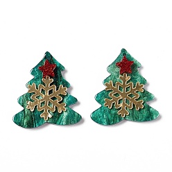 Light Sea Green Christmas Printed Acrylic Pendants, with Glitter Powder, Tree with Star & Snowflake, Light Sea Green, 34.5x31x5mm, Hole: 1.4mm
