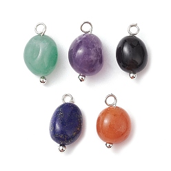 Mixed Stone Natural Mixed Gemstone Pendants, Nuggets Tumbled Stone Charms with Platinum Plated Brass Loops, 12~14x7~8x6~7mm, Hole: 2mm