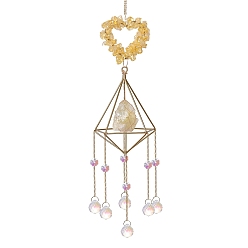 Цитрин Подвесные украшения из натурального цитрина, стеклянные ловцы солнца с кисточками, сердце, 480 мм