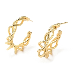 Real 18K Gold Plated Brass Wire Twist Stud Earrings, Half Hoop Earrings, Real 18K Gold Plated, 28.5x7mm