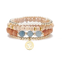 Wood 4Pcs 4 Style Natural Wood & Quartz(Dyed) & Shell Pearl Stretch Bracelets, 304 Stainless Steel Yoga Symbol Charm Stackable Bracelets for Women, Inner Diameter: 2-1/8~2-3/8 inch(5.35~5.9cm), 1Pc/style