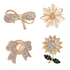 Golden 4Pcs 4 Style Crystal Rhinestone Bowknot & Sunflower Brooches, Gold Plated Alloy Badges for Backpack Clothes, Golden, 20~26x15~21mm
