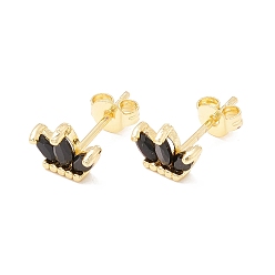 Black Brass Micro Pave Cubic Zirconia Stud Earring, Real 18K Gold Plated, Flower, Black, 6x8.5mm, Pin: 1mm