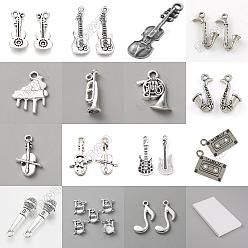 Antique Silver 112Pcs 14 Styles Tibetan Style Alloy Pendants, Musical Theme, Antique Silver, 16.5~31x7.5~17x2~6mm, Hole: 1.5~2.5mm, 8pcs/style