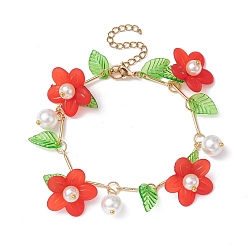 Red Acrylic Flower & Glass Pearl Charm Bracelets, with Brass Chains, Red, 6-7/8~7-1/8 inch(17.5~18cm)