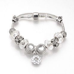 Cristal Bracelets européens, avec des perles strass alliage d'émail de style tibétain, Perles en résine, chaînes en laiton et chaînes de sécurité, argent antique, fleur, cristal, 7-7/8 pouces (200 mm)