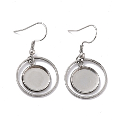 Stainless Steel Color 201 Stainless Steel Earring Hooks, with Flat Round Blank Pendant Trays, Flat Round Setting for Cabochon, Stainless Steel Color, 34mm, 22 Gauge, Pin: 0.6mm, Tray: 11.7mm