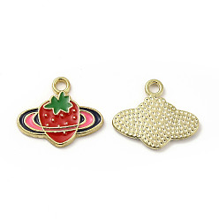 Pink Alloy Enamel Pendants, Strawberry Charms, Golden, Pink, 14.5x17x1.5mm, Hole: 1.8mm